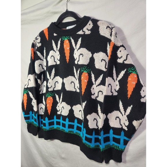 Vtg 90s Jane Adams Bunny Carrot AOP Knit Sweater Easter Sz M/L Acrylic Pullover - Picture 3 of 7